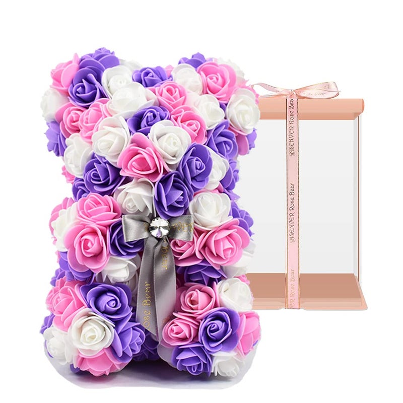 ASENVER Hand Made Artificial Flowers Rose Bear Pure Color for Valentine Birthday and Mother's Day with a 10" Pink Gift Box (Multi Color-Pink Core) - Image 1